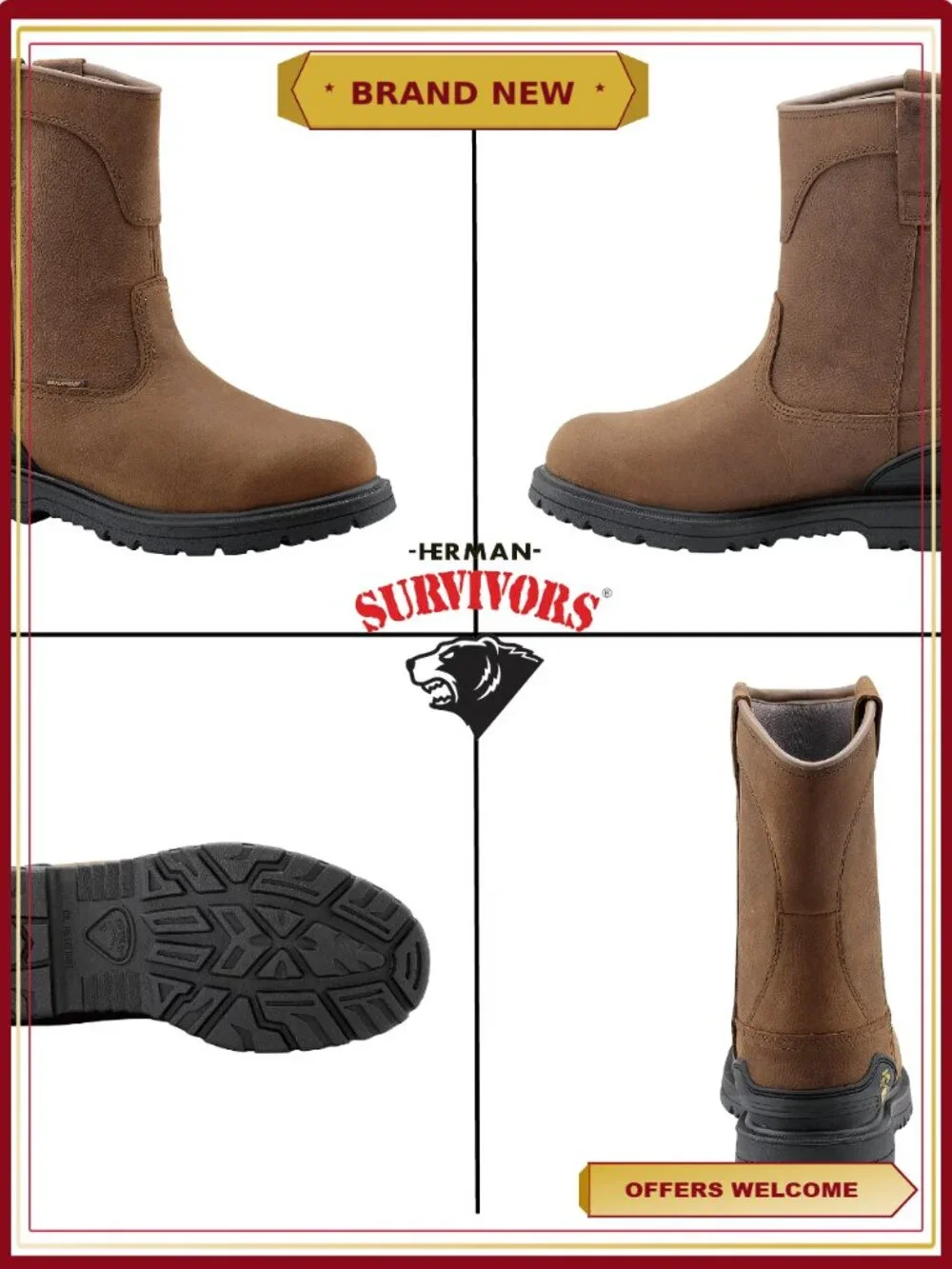 Men's Steel Toe Waterproof Pull On Work Boots Full Grain Leather